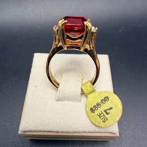 New Vintage Old Stock 14K Gold Electroplated Ring With Emerald Cut Red CZ